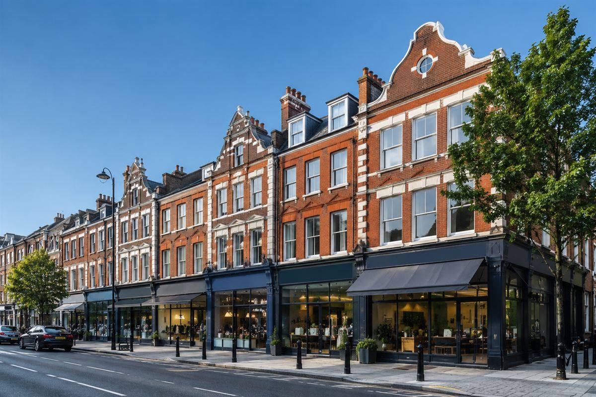 A red-brick commercial parade on a London high street