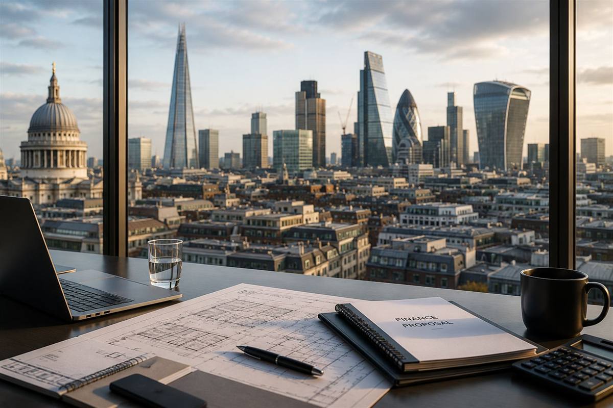 The City of London skyline from an office desk, with a finance proposal and building plans