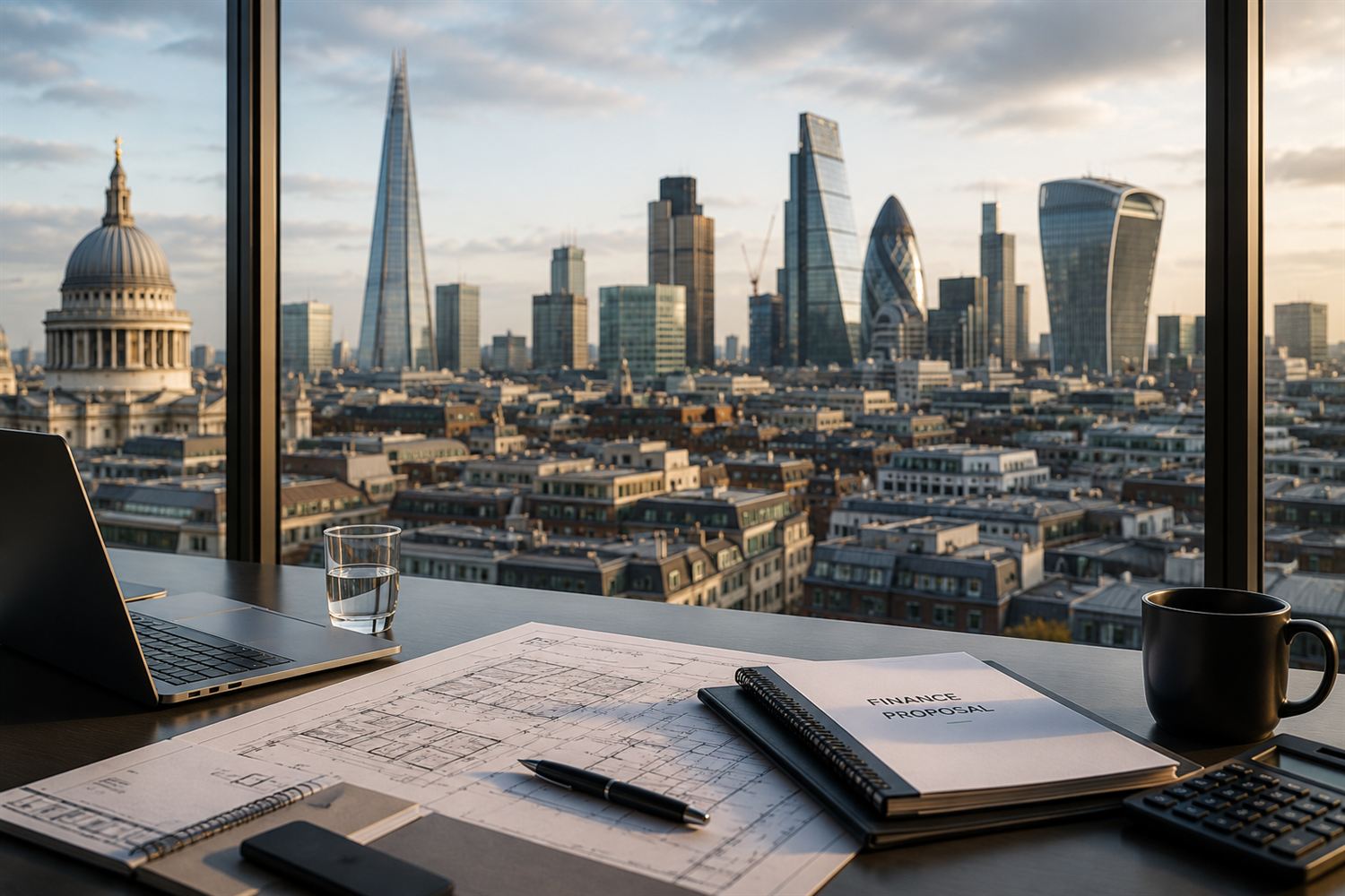 The City of London skyline from an office desk, with a finance proposal and building plans